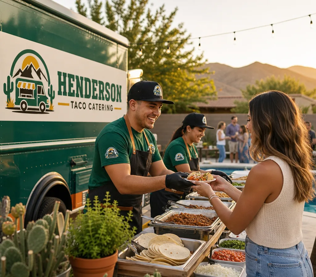On-site taco catering setup at a Henderson backyard event with a staffed buffet serving line