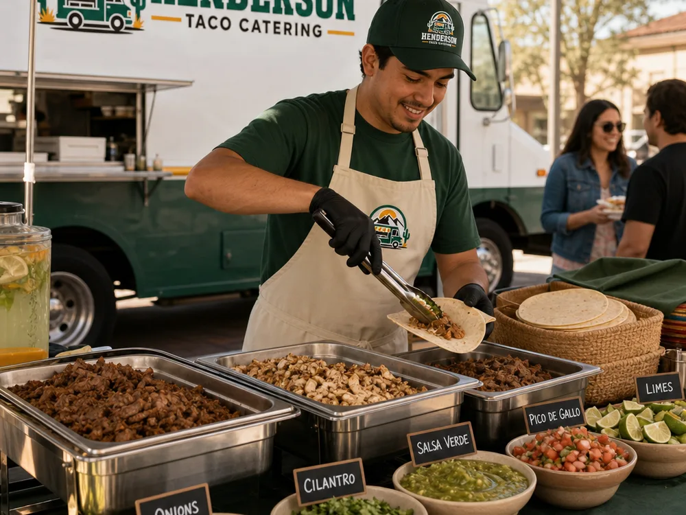 Catered taco bar with hot proteins, warm tortillas, onions, cilantro, salsas, and limes