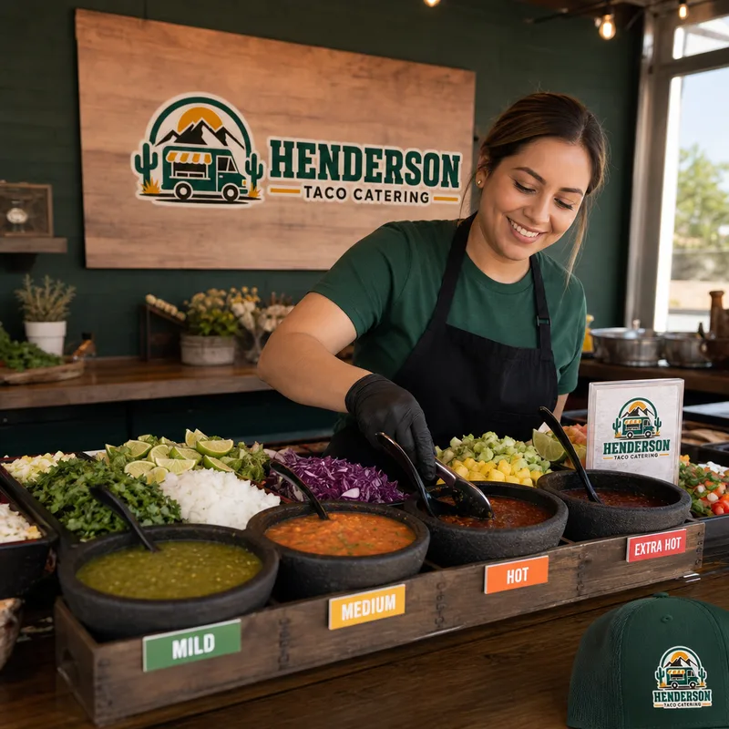 Neat toppings and salsa station with labeled mild-to-hot choices and clean serving utensils ready for guests