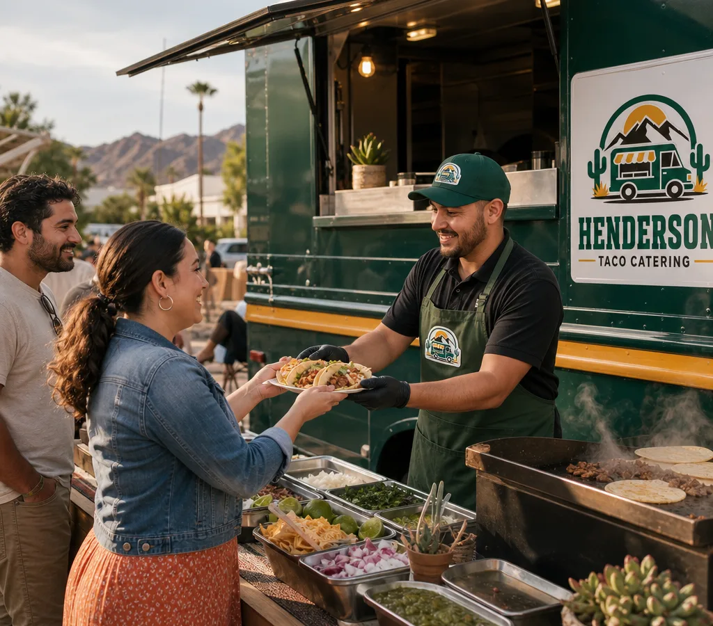 Taco caterer serving guests beside a steaming griddle, warm tortillas, salsas, and neatly arranged toppings at an outdoor Henderson event