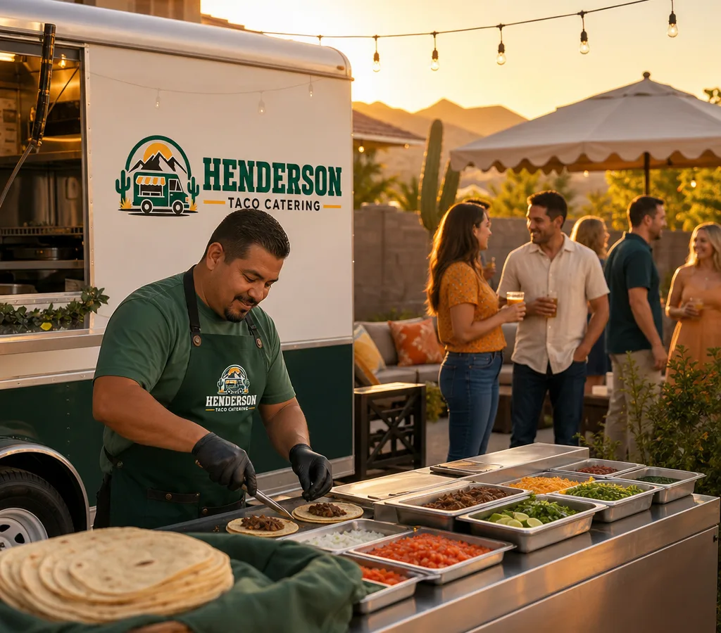 Outdoor Henderson backyard party at golden hour with a taco cook working at a compact catering station while guests gather nearby