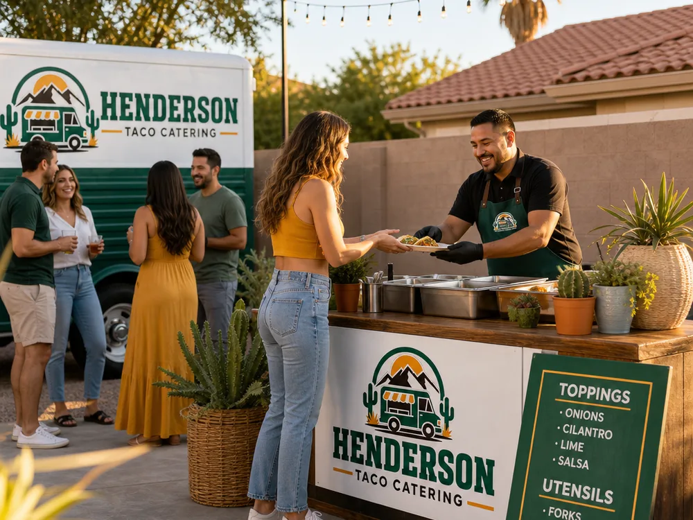Casual Henderson backyard gathering with guests chatting while a taco cook serves from a neat station