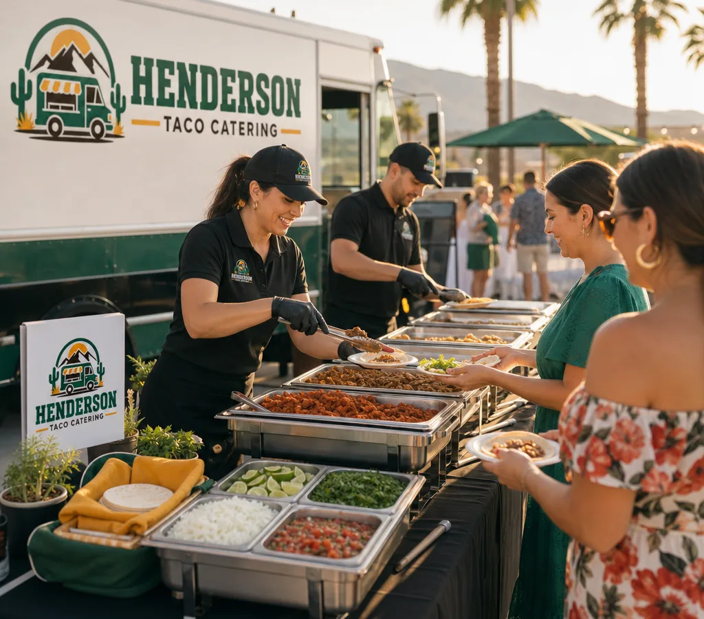 Staffed taco bar at an outdoor Henderson event with warm tortillas, proteins, chilled toppings, and guests building tacos
