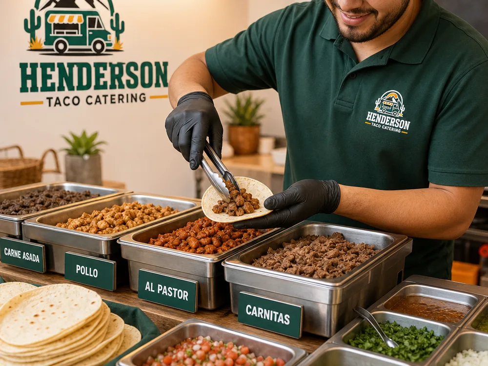 Taco bar with labeled proteins, stacked warm tortillas, separate toppings, salsas, onions, cilantro, and lime