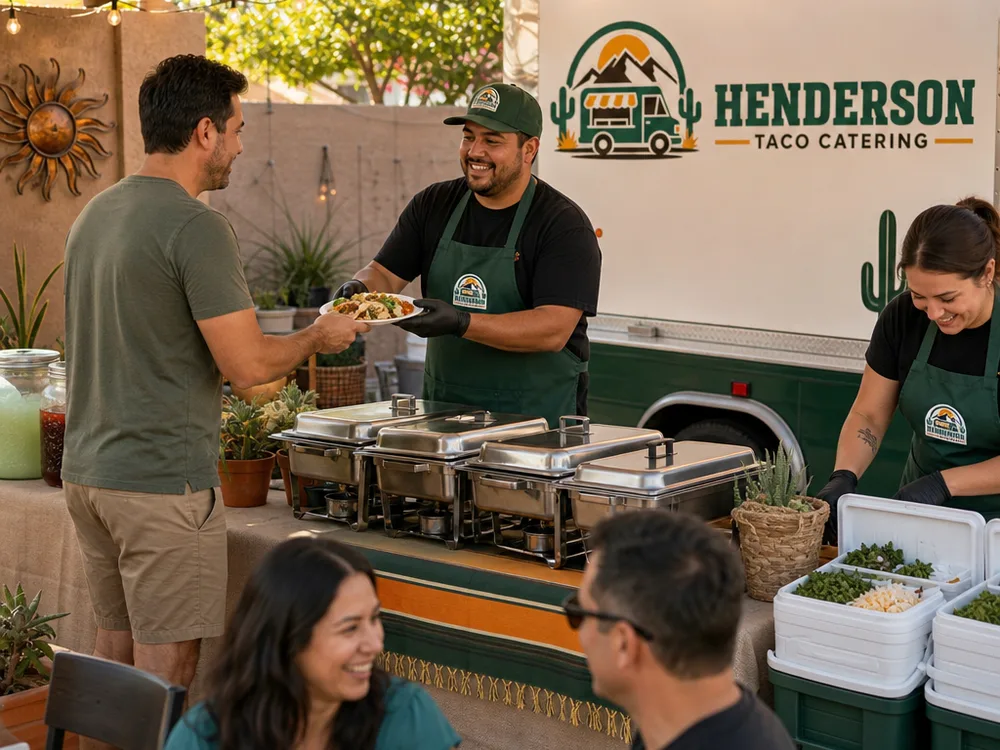 Outdoor Henderson taco bar with shade, stable warmers, and cold toppings staged in coolers