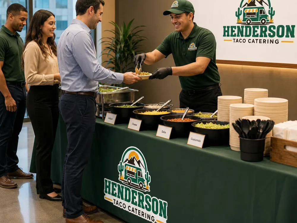 Compact indoor taco bar for a corporate lunch with labels and individual serviceware