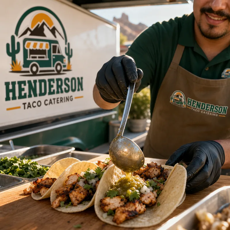 Close-up of tacos being assembled to order with visible grilled protein, warm tortillas, and a ladle of salsa added on request
