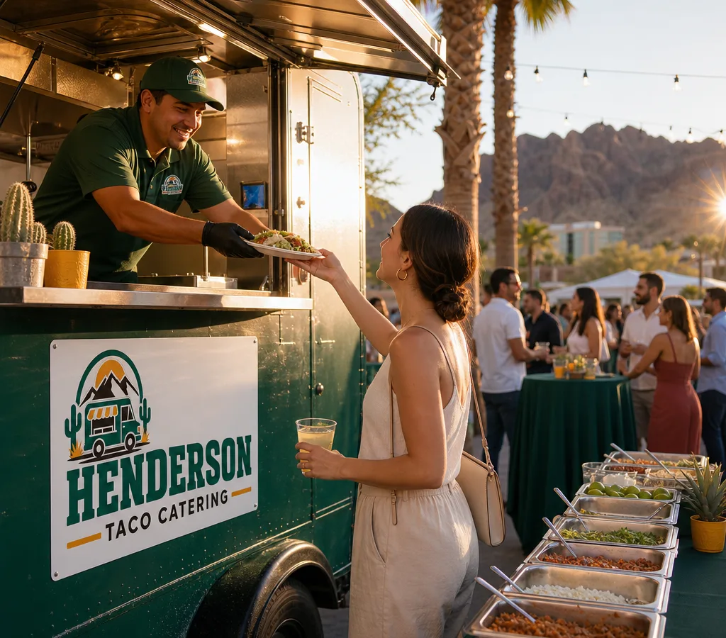 A staffed taco cart serving guests at an outdoor event in Henderson with warm tortillas, protein options, and organized toppings laid out in food-safe pans