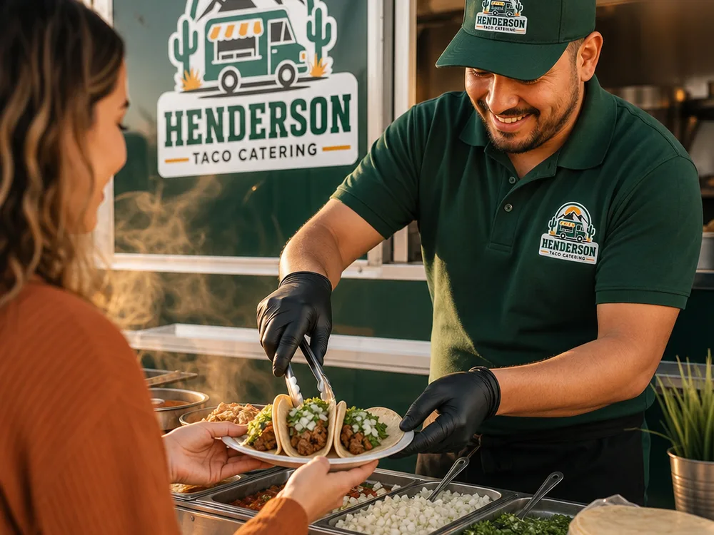 Close-up of a taco cart service line with labeled toppings, warm tortillas, and a staff member plating tacos for a guest