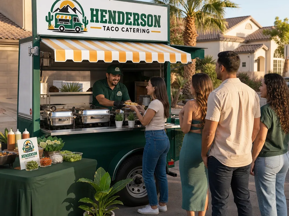 A taco cart set up on a residential driveway with a clear guest line, chafing dishes, and a small toppings station organized for quick service