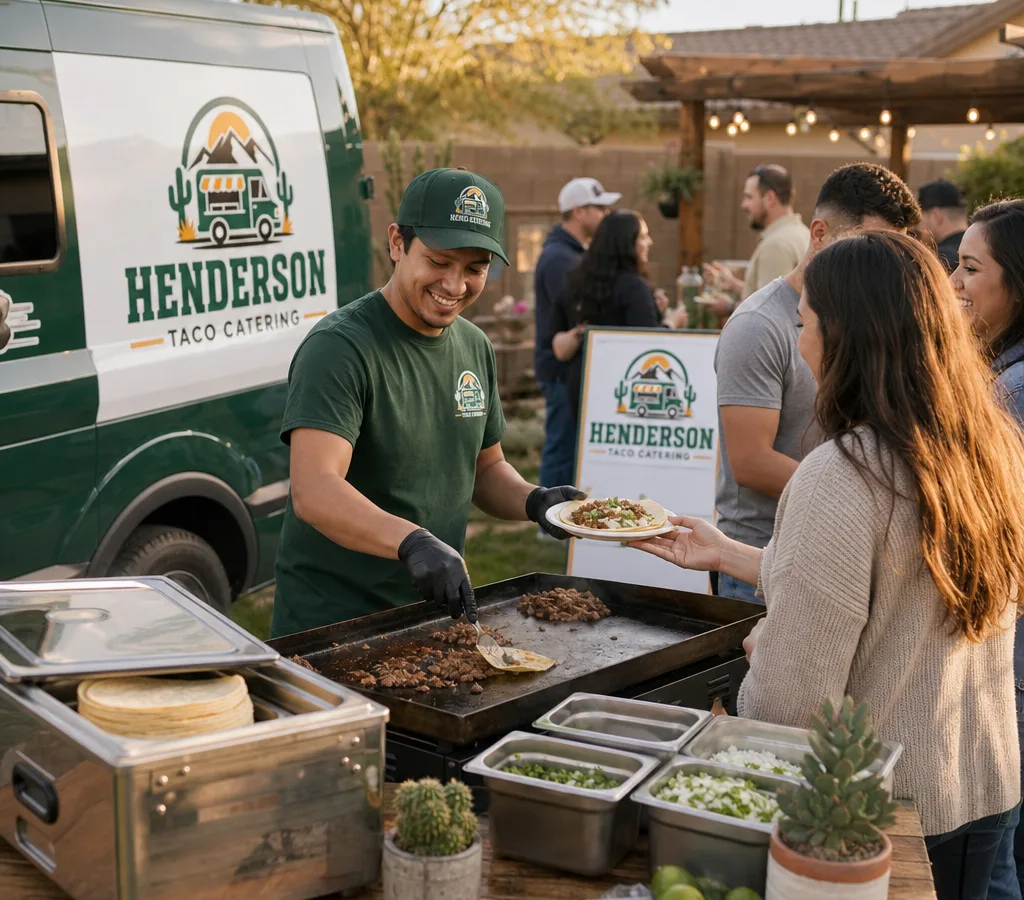 Outdoor backyard event in Henderson with a taquiza catering setup, flat-top griddle, steam table, warming tortillas, and guests being served tacos