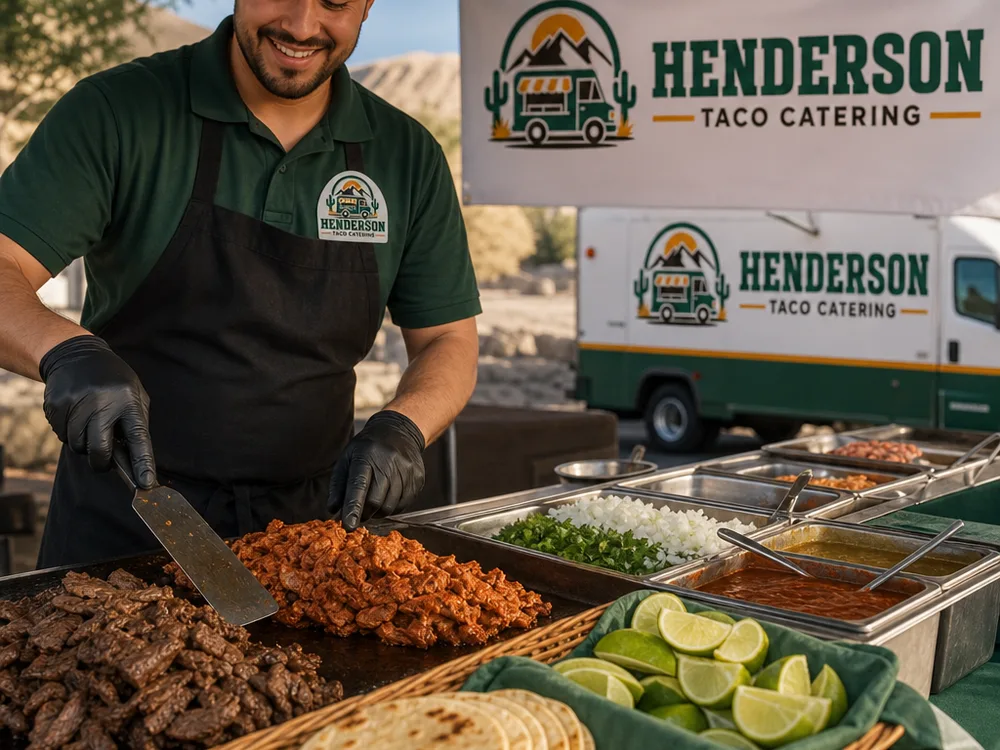 Taquiza catering line with carne asada and al pastor on the griddle, warm tortillas, salsa, onions, cilantro, and limes