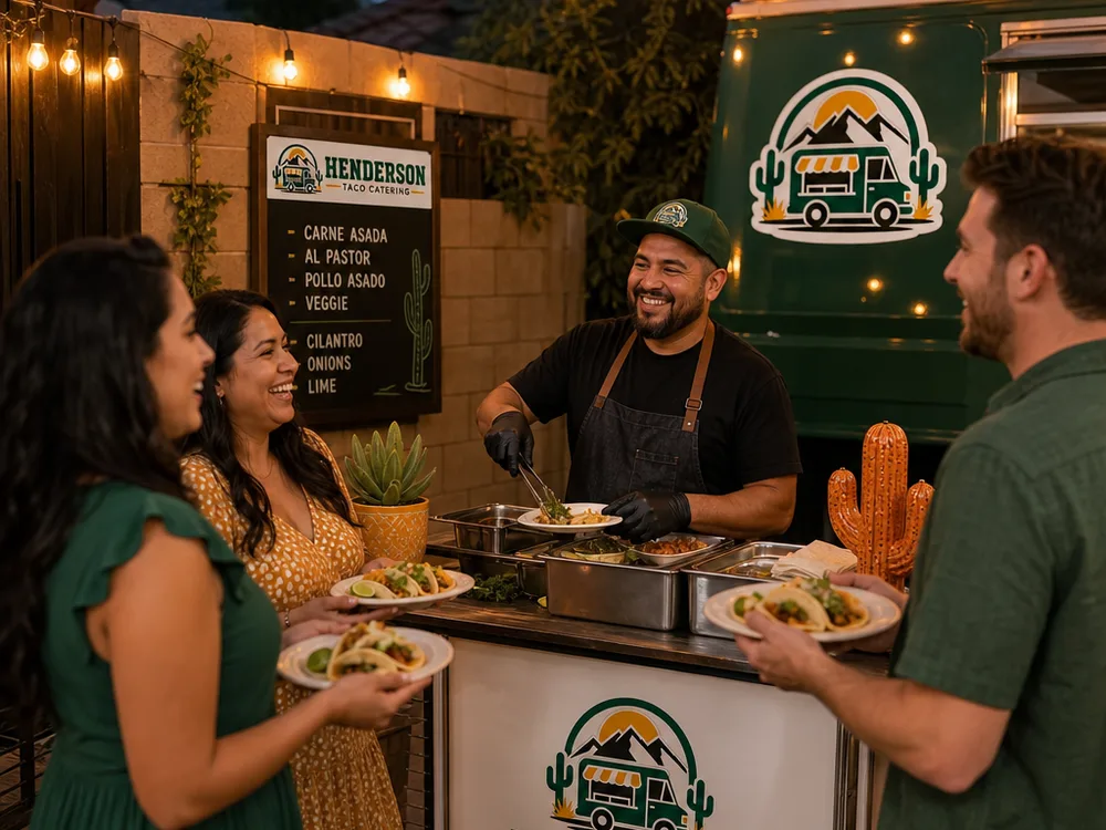 Backyard evening party in Henderson with string lights, a compact taquiza station, and guests holding tacos