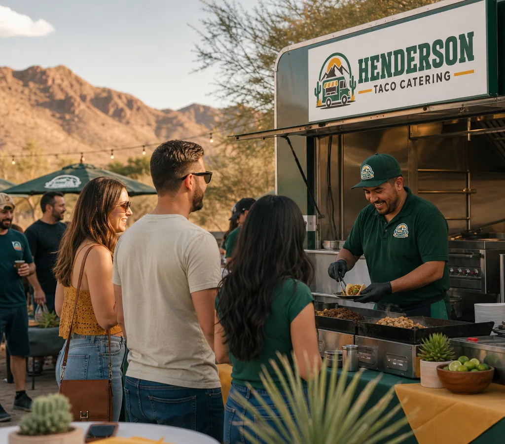 A taquero serving tacos from an on-site catering setup at an outdoor Henderson event, with guests in line and steam rising from planchas and warming pans