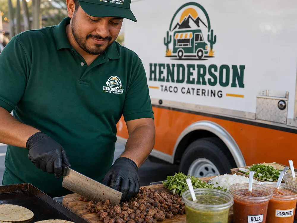 Close-up of a taquero chopping carne asada beside a hot plancha with warming tortillas, labeled salsa containers, and neatly arranged garnishes