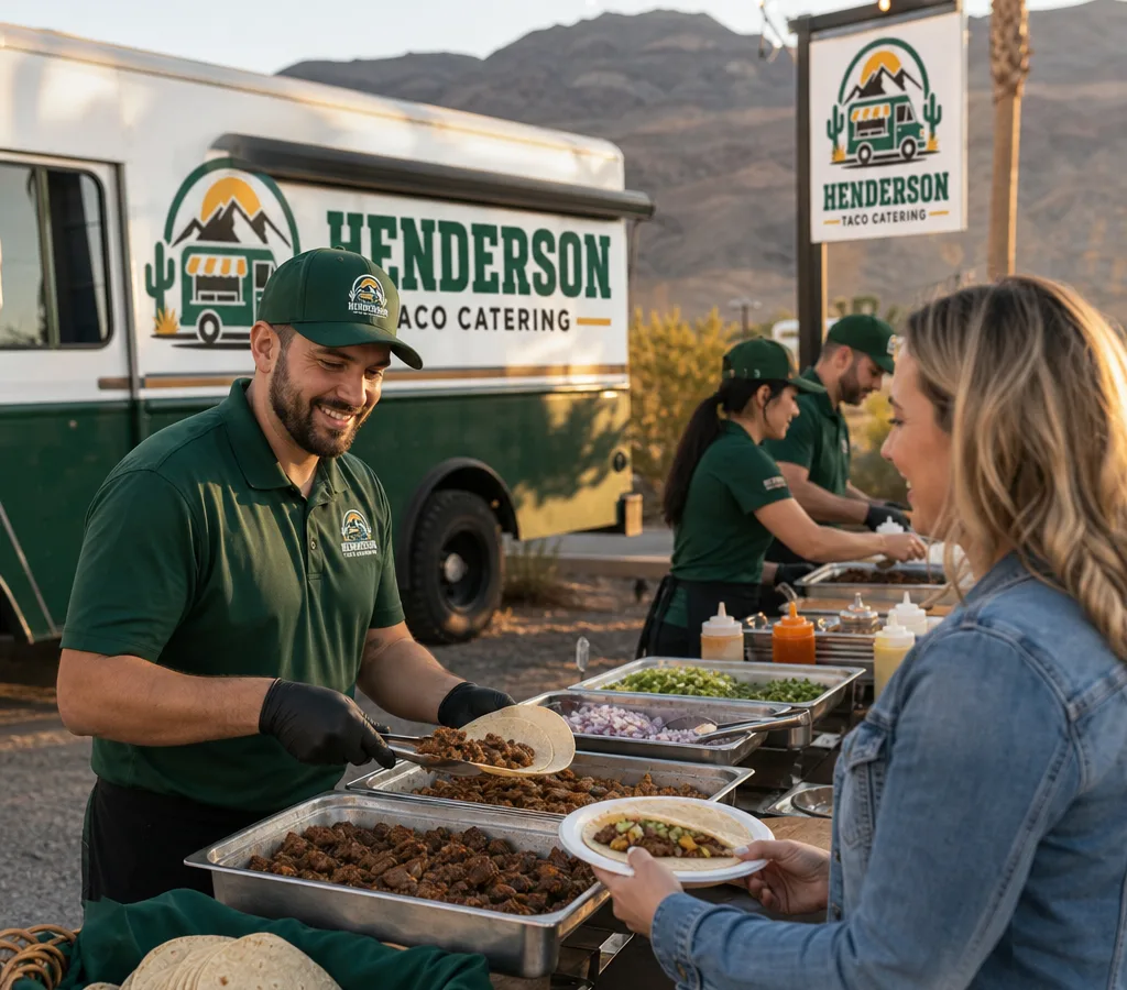On-site taco catering setup at a Henderson event with a staffed serving line, warm tortillas, and trays of proteins and toppings ready for guests