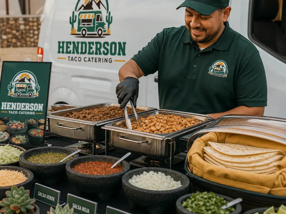 Taco catering spread with labeled salsas, toppings, warm tortillas in a covered holder, and proteins in chafing dishes set up for guest flow