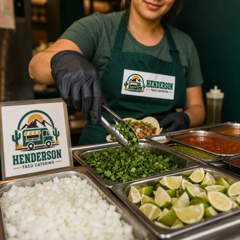 Fresh street taco toppings including chopped onion, cilantro, lime wedges, and salsa choices in clean service pans