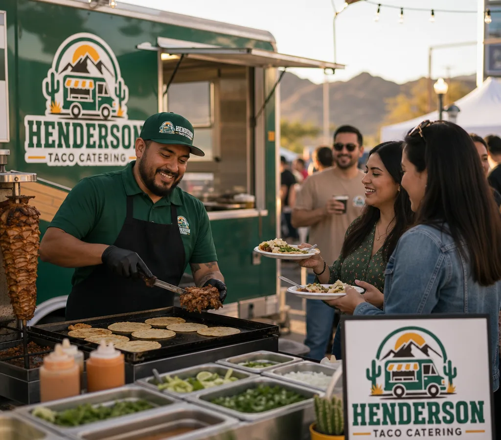 On-site street taco catering station at an outdoor Henderson event with a taquero slicing meat, warm tortillas on a plancha, and guests being served