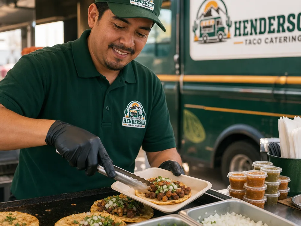 Street tacos being assembled with warm tortillas, chopped onion, cilantro, salsa cups, and a server plating tacos for guests
