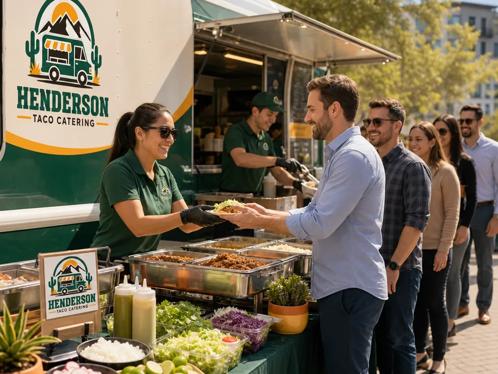Corporate lunch street taco catering line with staff serving tacos to coworkers and a separate topping station