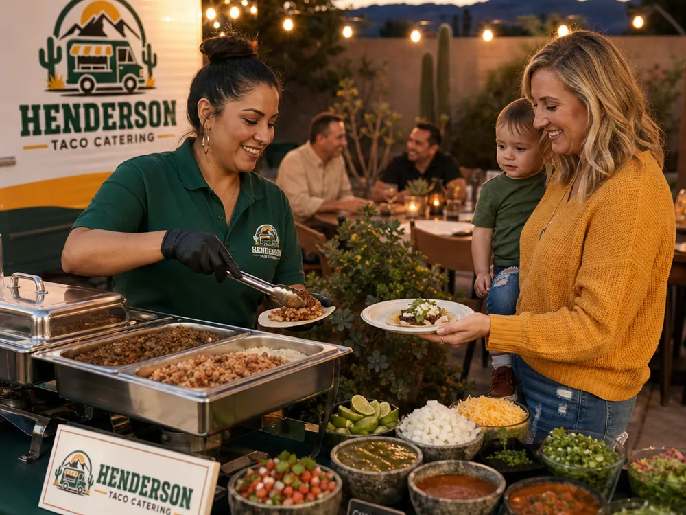 Outdoor backyard taco station at dusk in Henderson with warm lighting, holding equipment, and labeled salsas and toppings