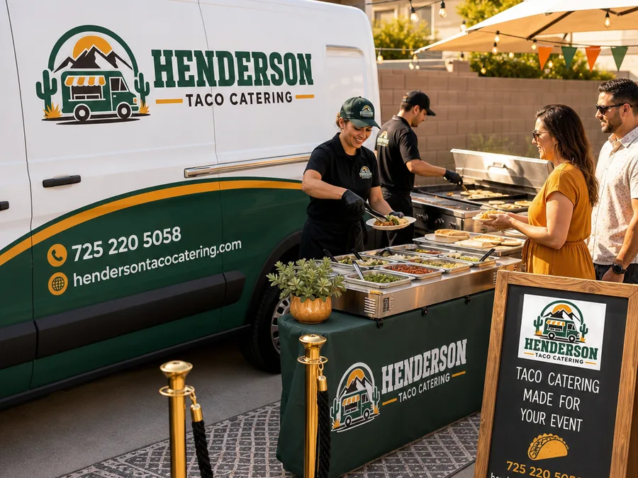 Clean and organized taco catering station on a Henderson backyard patio with covered toppings, plates, napkins, and a clear guest line