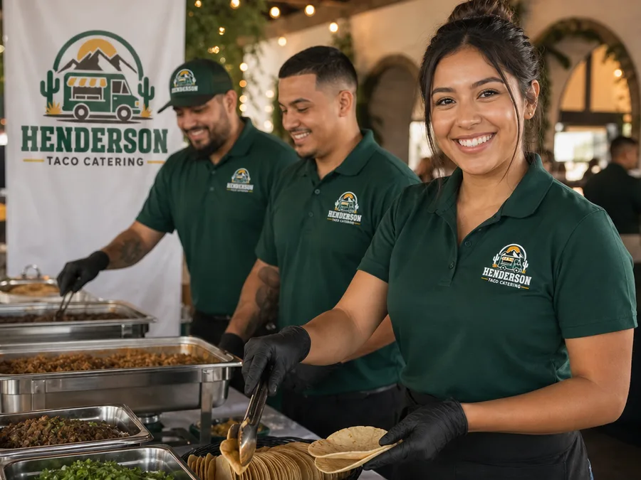 Henderson catering team setting up a neat taco serving line with chafers and toppings