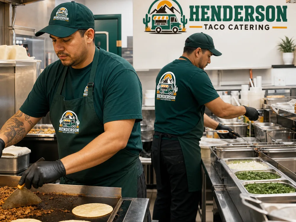 Behind-the-scenes taco cooking area with an active griddle, warming tortillas, and staff working in a clean layout